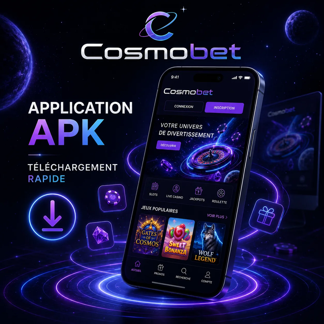 Visuel mobile Cosmobet pour application APK et navigation casino